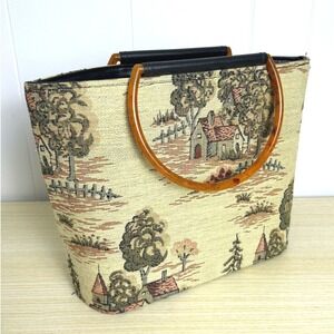 Vintage Pilot‎ Tapestry Tote Bag cottagecore Scene Tortoise Shell Handles